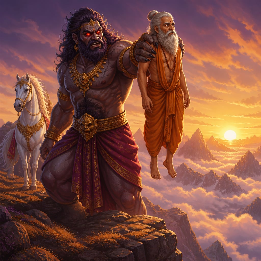 The sage Vidhura, calm and unafraid, dangles over a mountain cliff in the grip of the yaksha demon Punnaka at sunrise.