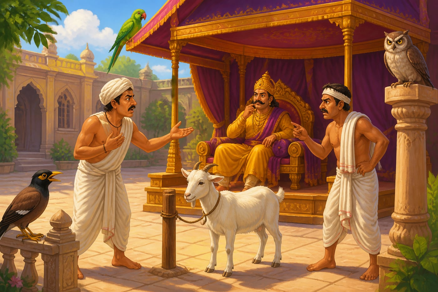 The king investigating the goat case before the three birds