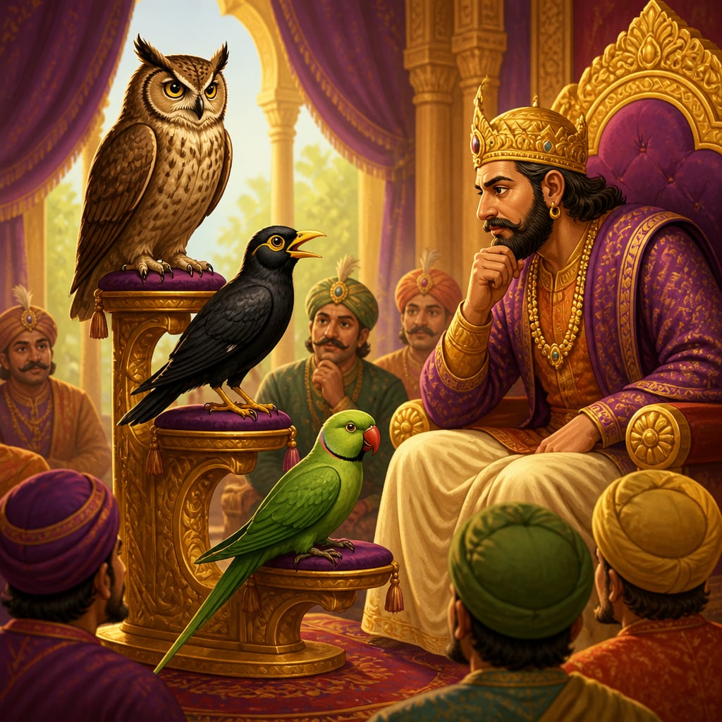 Three royal birds, an owl, a mynah, and a parrot, stand on a perch before King Brahmadatta of Benares in his audience hall.