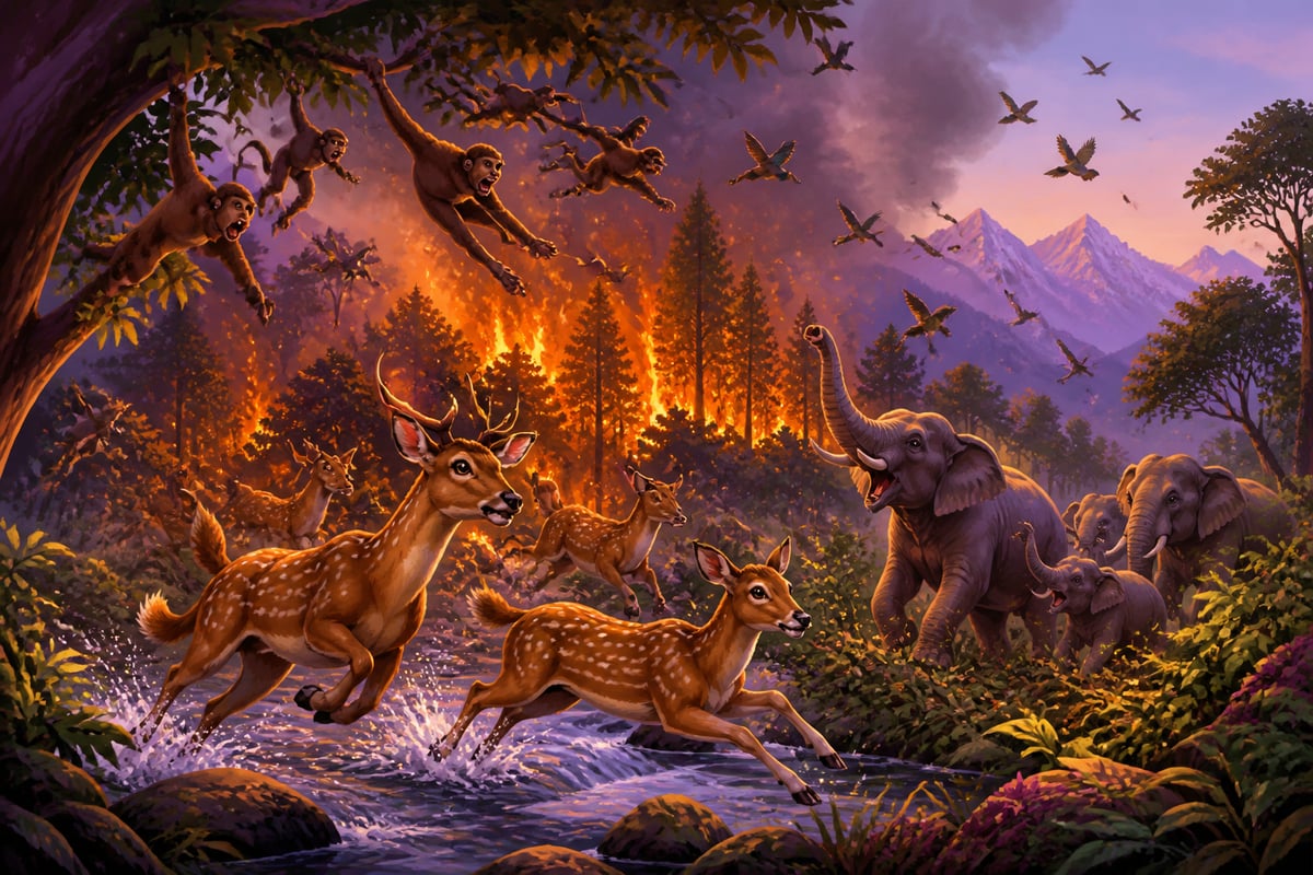 Forest animals fleeing the great fire