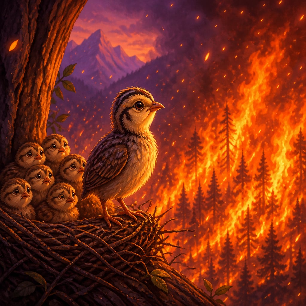 The tiny baby Bodhisattva-quail stands alone at the edge of a twig nest, facing a wall of orange forest flames with steady eyes.
