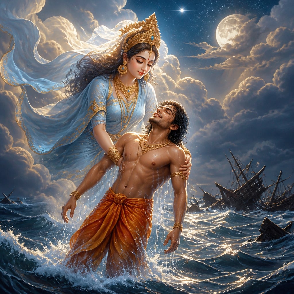 The goddess Manimekhala lifts the exhausted Prince Mahajanaka from the stormy moonlit sea.