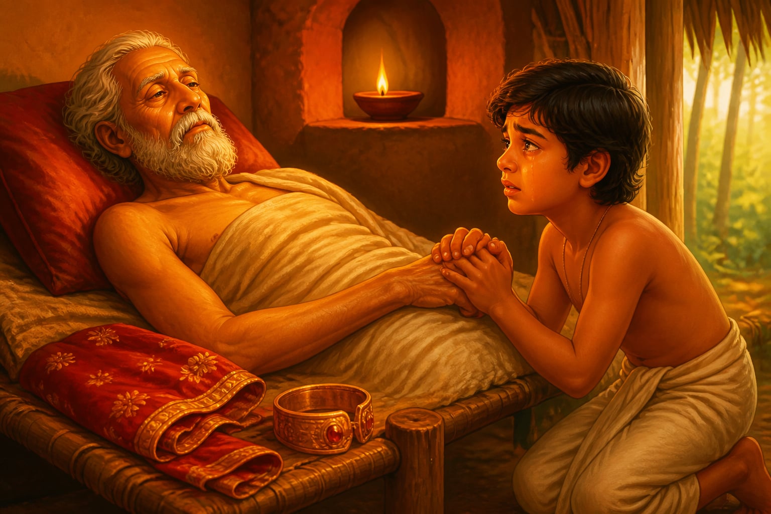 Polajanaka on his deathbed with young Mahajanaka