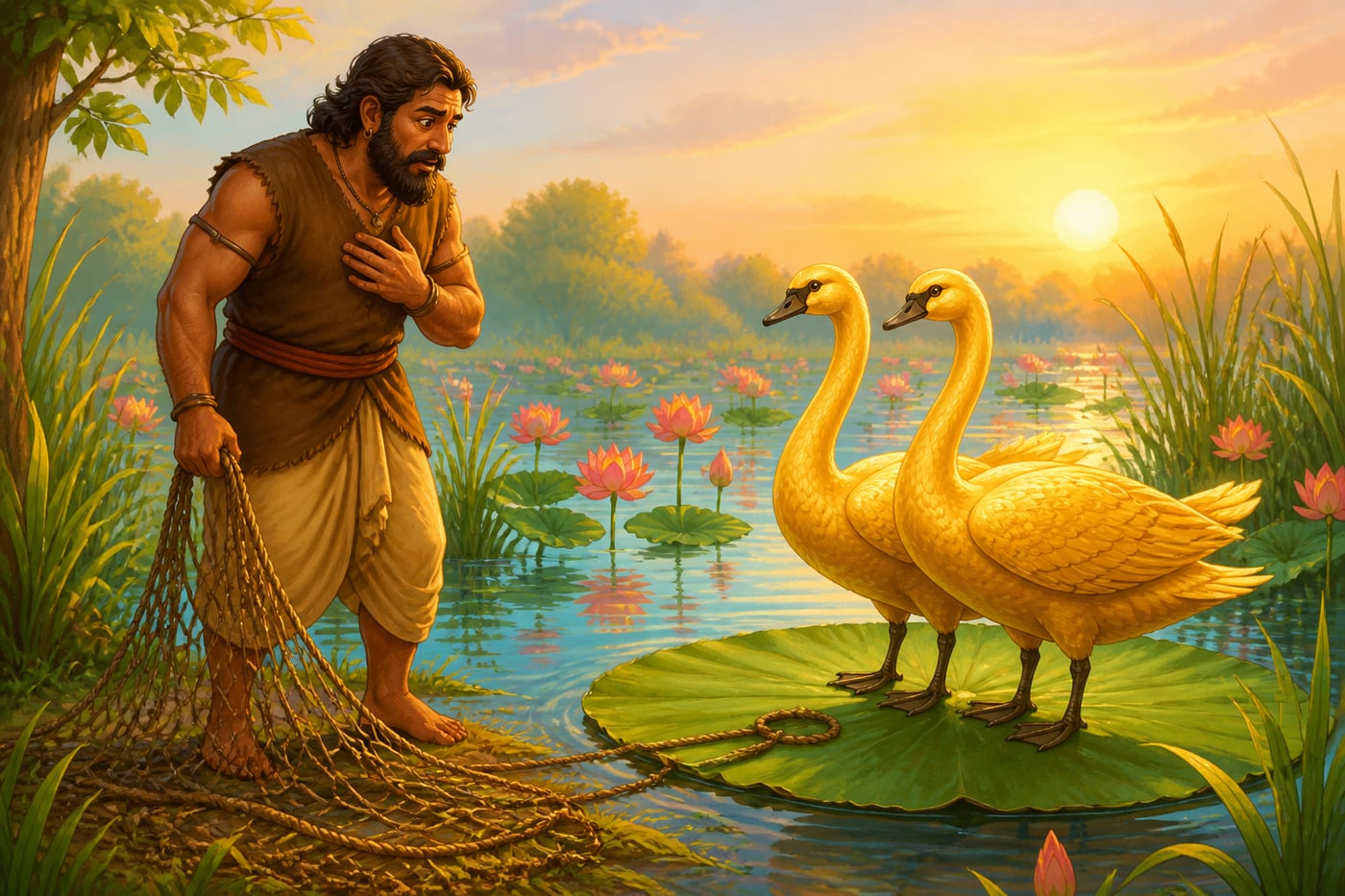 Khemaka the hunter lowers his net before the swans