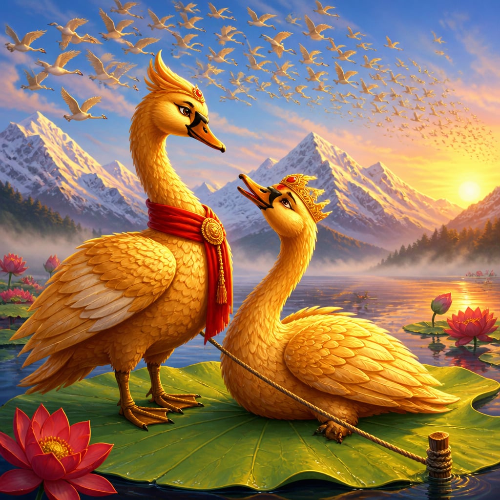 The loyal swan Sumukha stands beside the trapped swan king Dhritarashtra on a lotus leaf.
