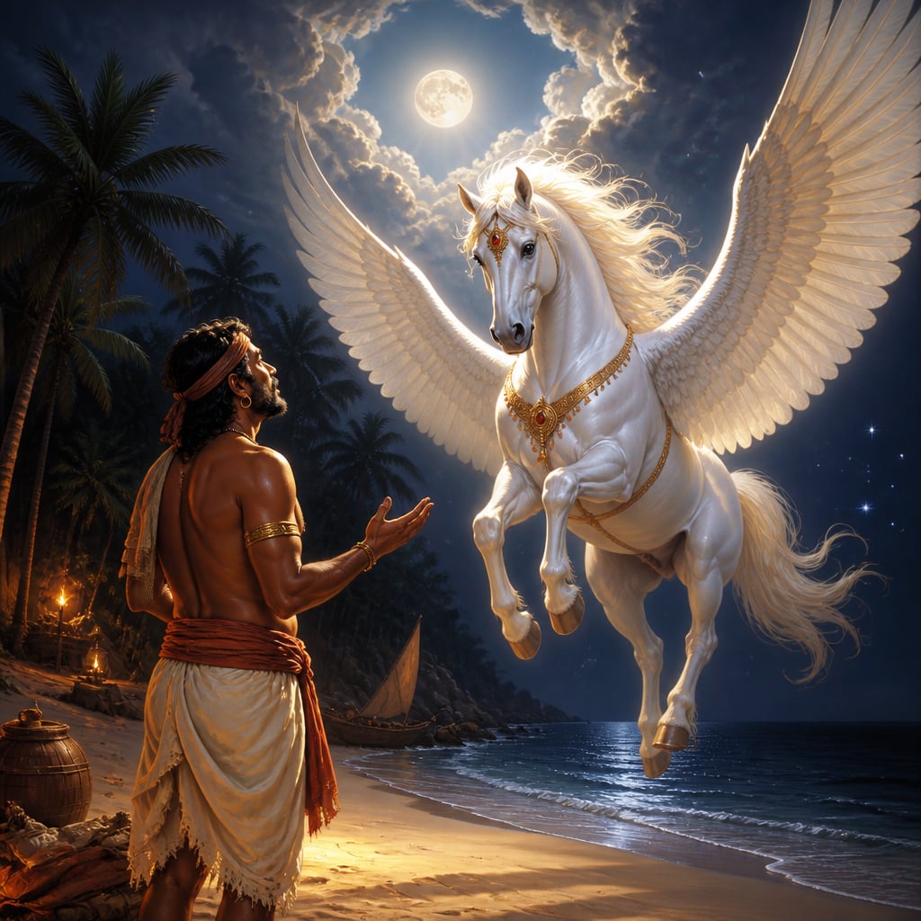 The winged cloud horse Valahassa descends to the moonlit beach before the merchant Simhala.