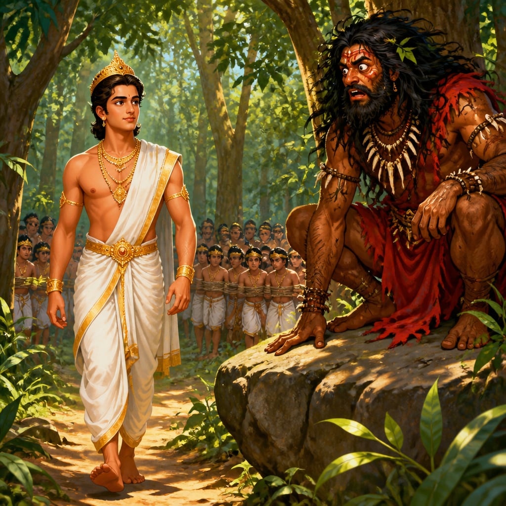 Prince Sutasoma walks calmly back through the forest toward the cannibal king Porisada.