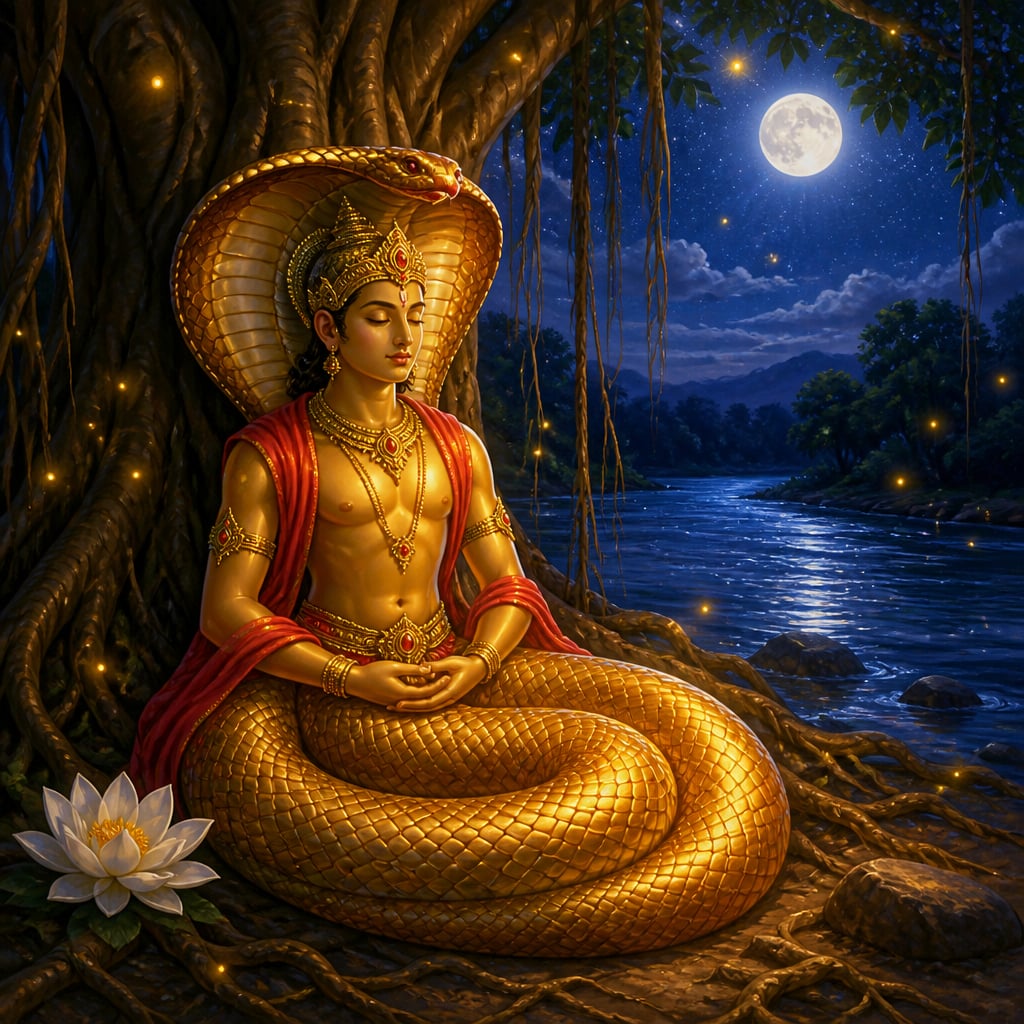 The Naga prince Bhuridatta meditates coiled beneath a banyan tree in moonlight.