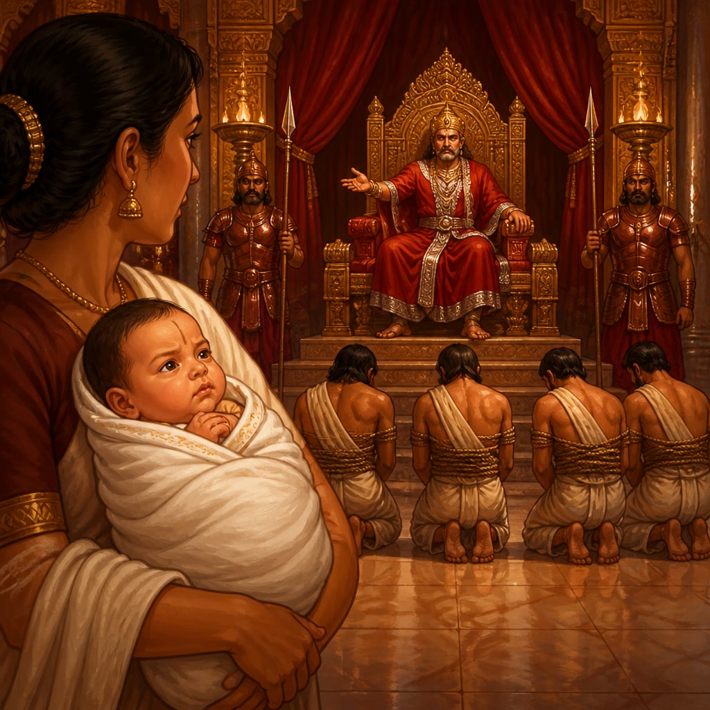 The infant prince Temiya in his nurse's arms watches the king pass harsh judgment.