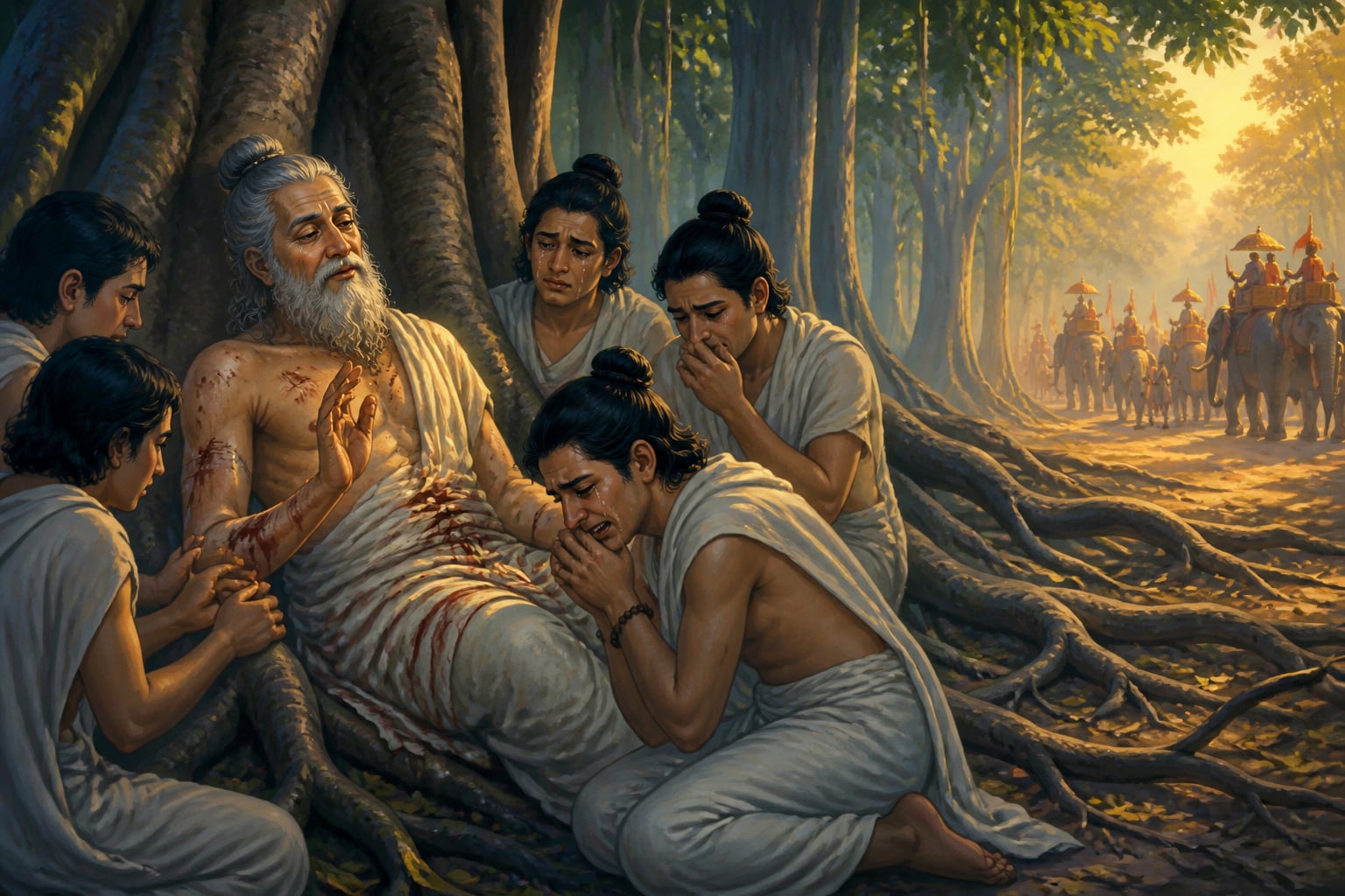 Disciples gather around the wounded sage