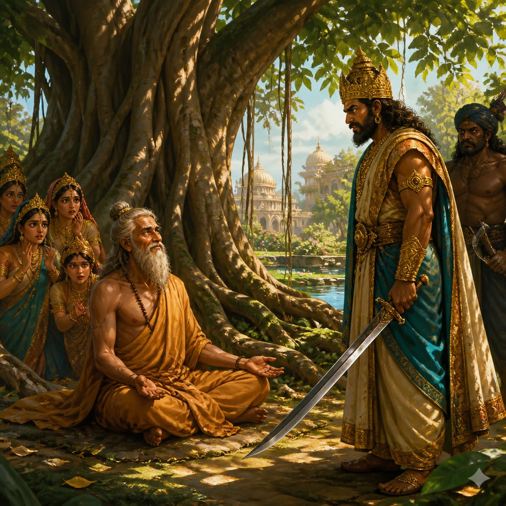 King Kalabu confronts the sage Khantivadi beneath the banyan with a drawn sword