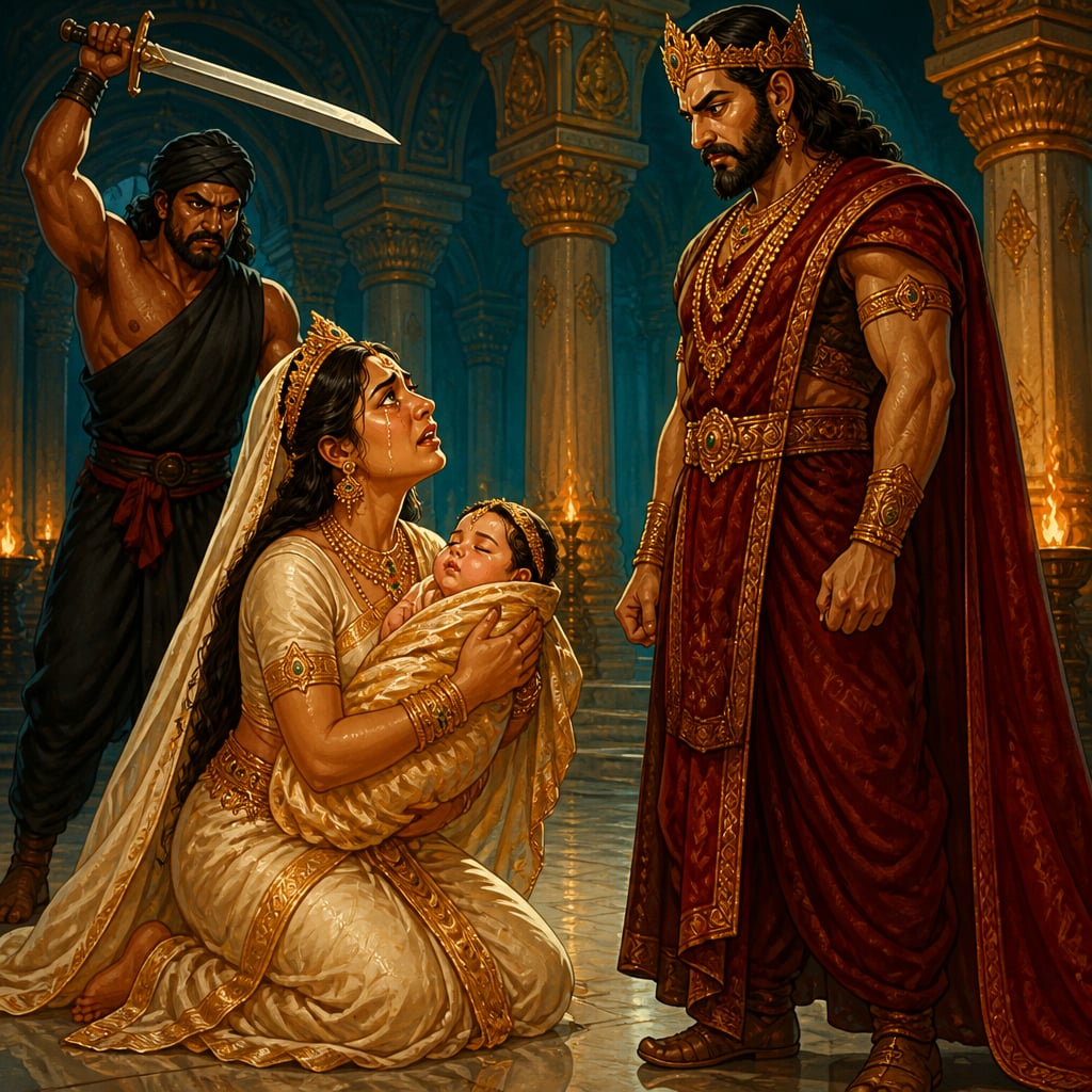 Infant prince Dhammapala lies serene in Queen Chanda's arms before the cold king