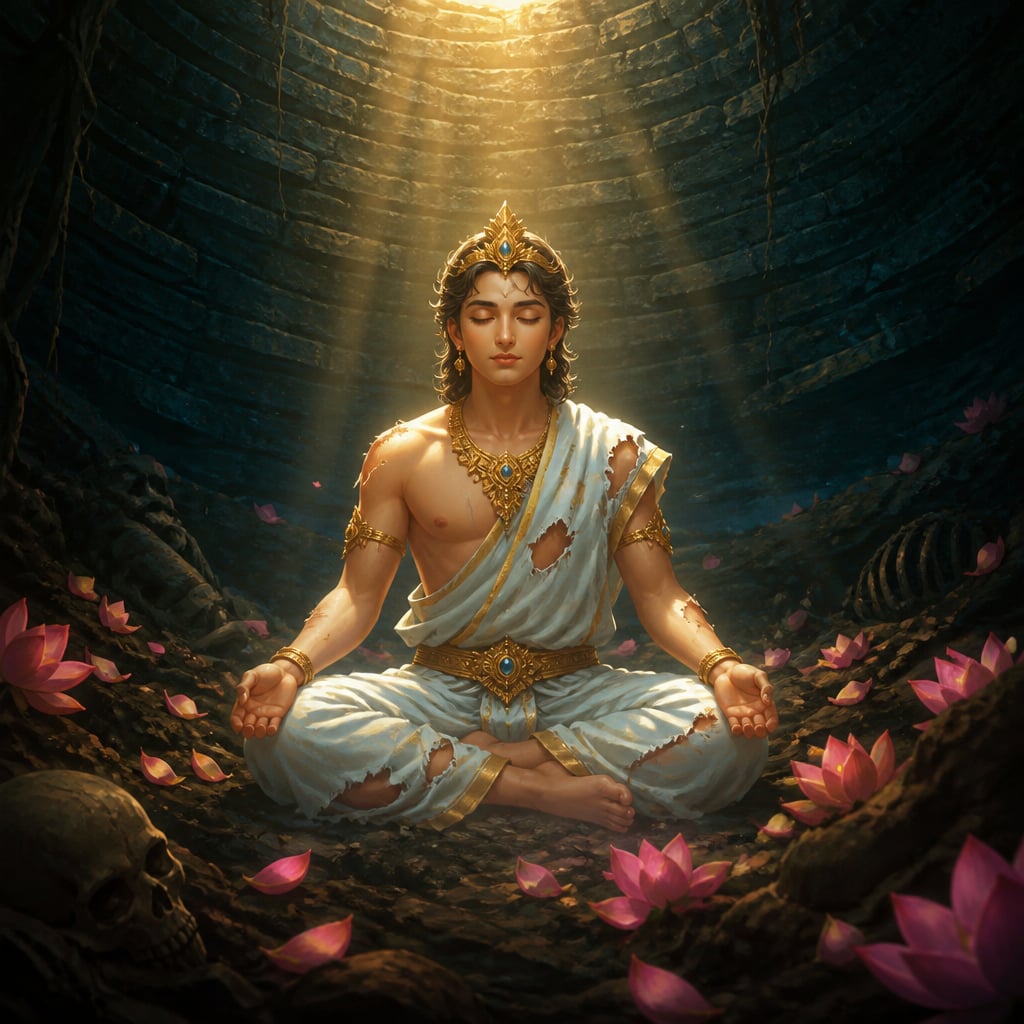 Prince Mahapaduma meditates calmly at the bottom of the charnel pit
