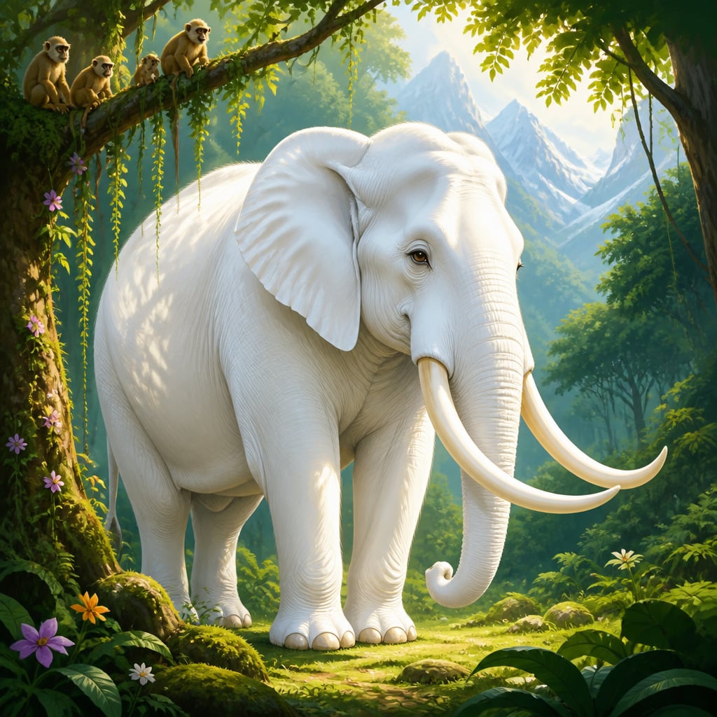 The pure white elephant Silanisamsa stands serene in a Himalayan forest clearing