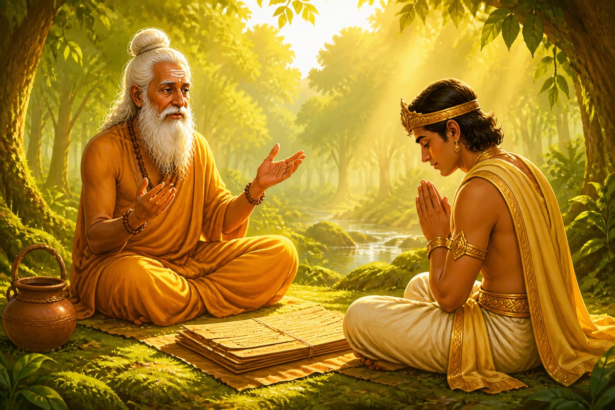 Sage Nandipandita teaching four sacred verses to Sutasoma
