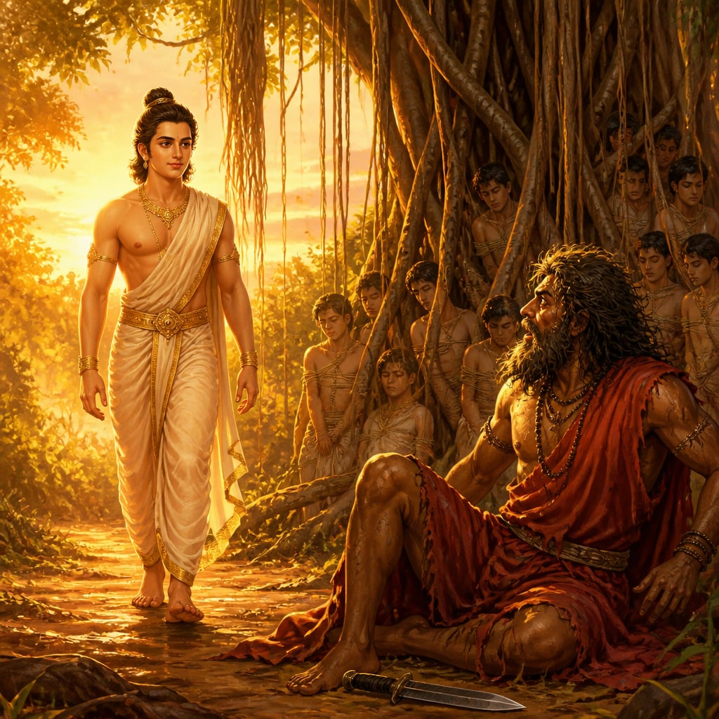 Prince Sutasoma walks calmly toward the banyan tree where Porisada waits