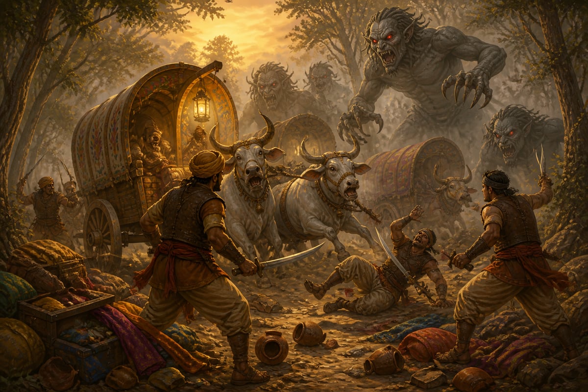 Demons attacking Saccankira's caravan at dusk on forest road