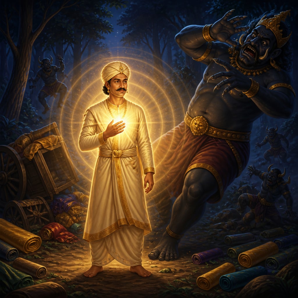 Light radiating from Saccankira surrounds his caravan as demons recoil