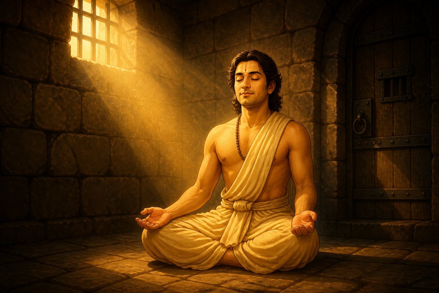 Harita meditating peacefully in dungeon cell