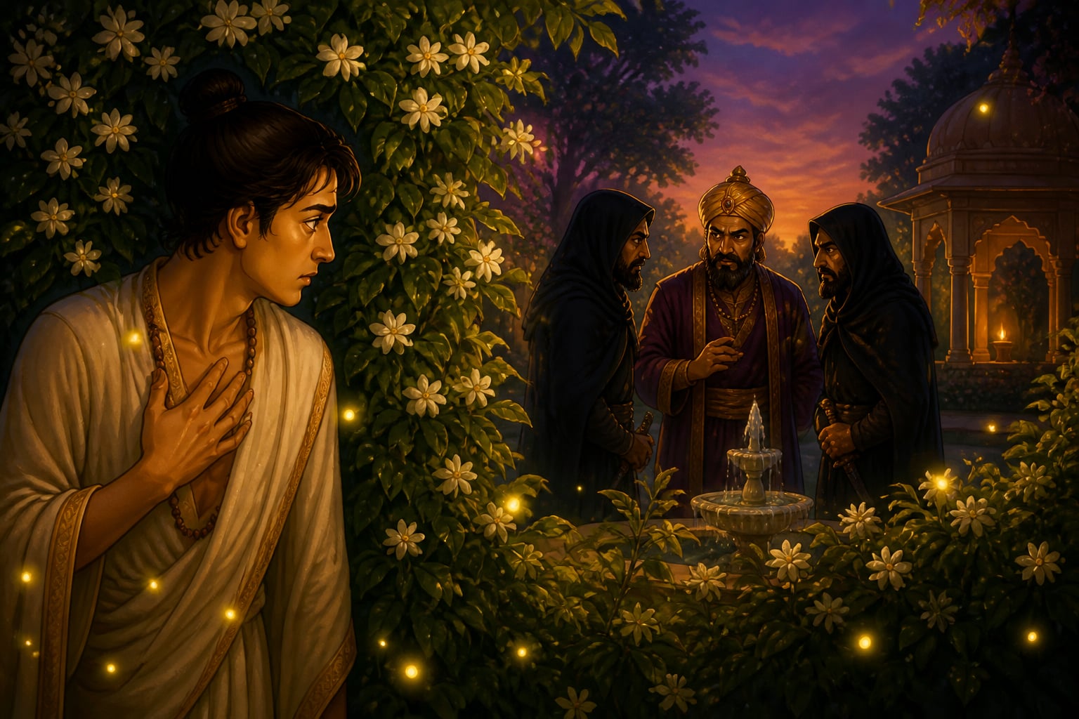 Harita overhearing assassination plot behind palace garden hedge