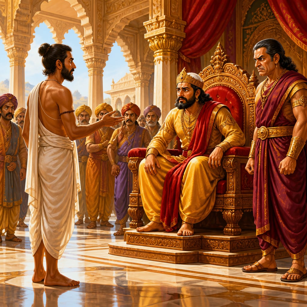 Harita reveals the poisoning plot to King Prasenajit while Devadatta listens