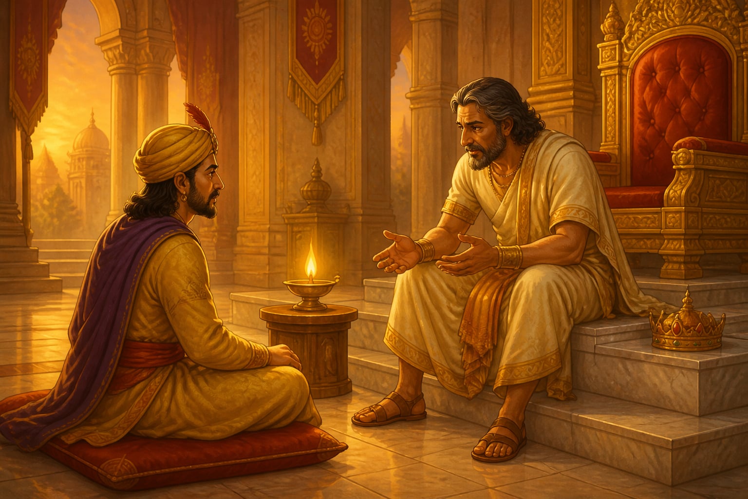 Emperor Brahmadatta alone with Rajovada after court empties