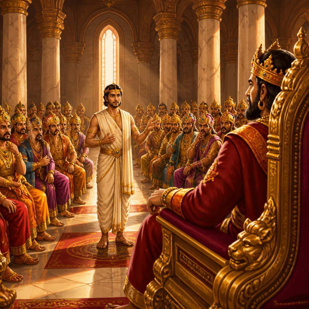 A hundred kings gather before Emperor Brahmadatta's golden throne