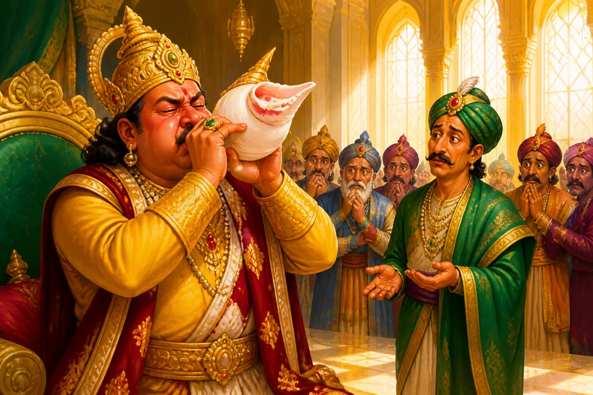 King Janaka failing to sound the conch of truth