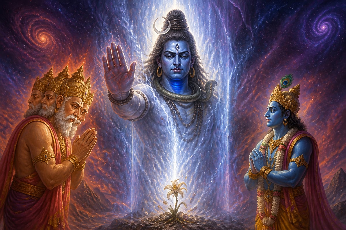 Shiva emerging from the pillar to curse Brahma