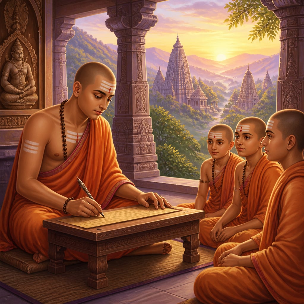 Adi Shankaracharya composing the Dwadasha Stotra at dawn