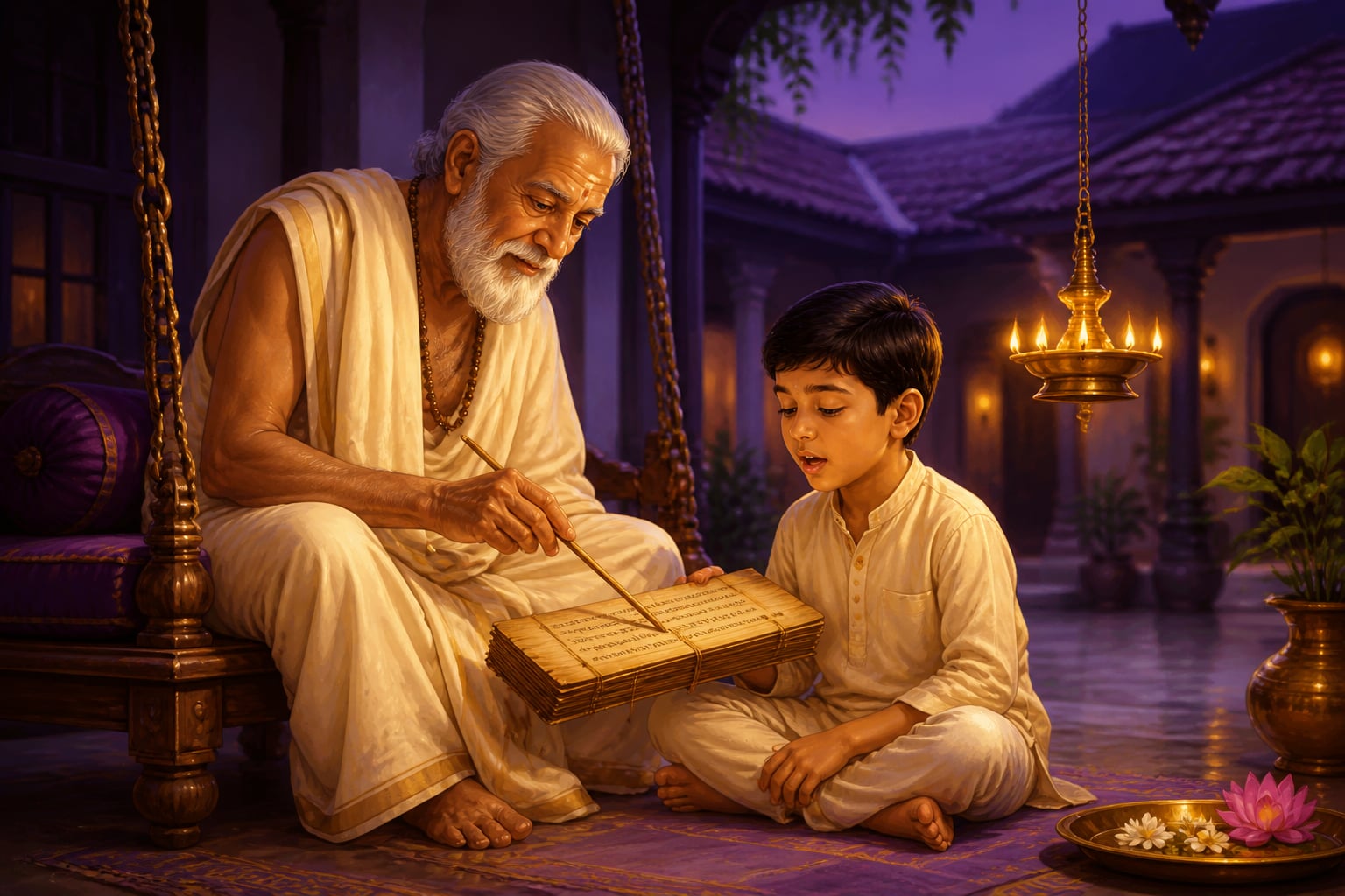 Elder teaching his grandson the Dwadasha Stotra