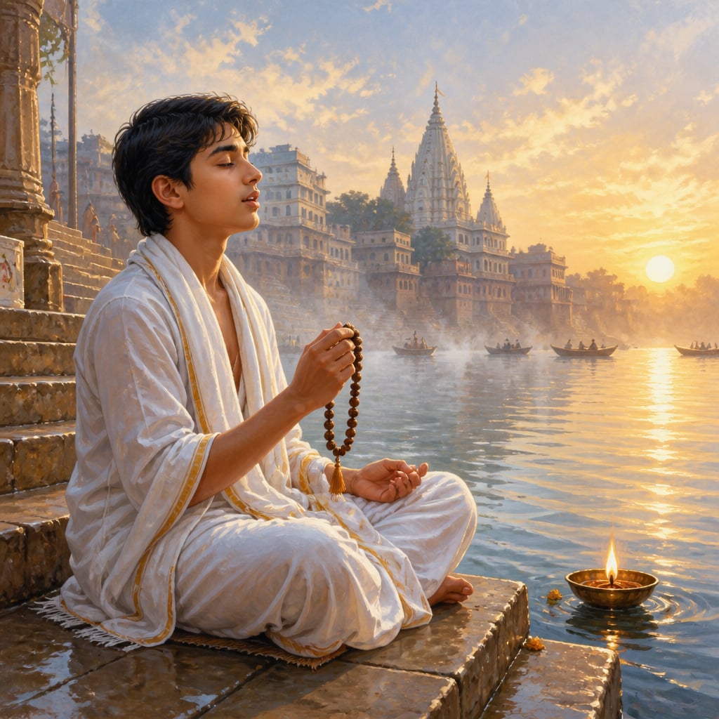 A sadhaka reciting the Dwadasha Stotra at a Ganga ghat at sunrise