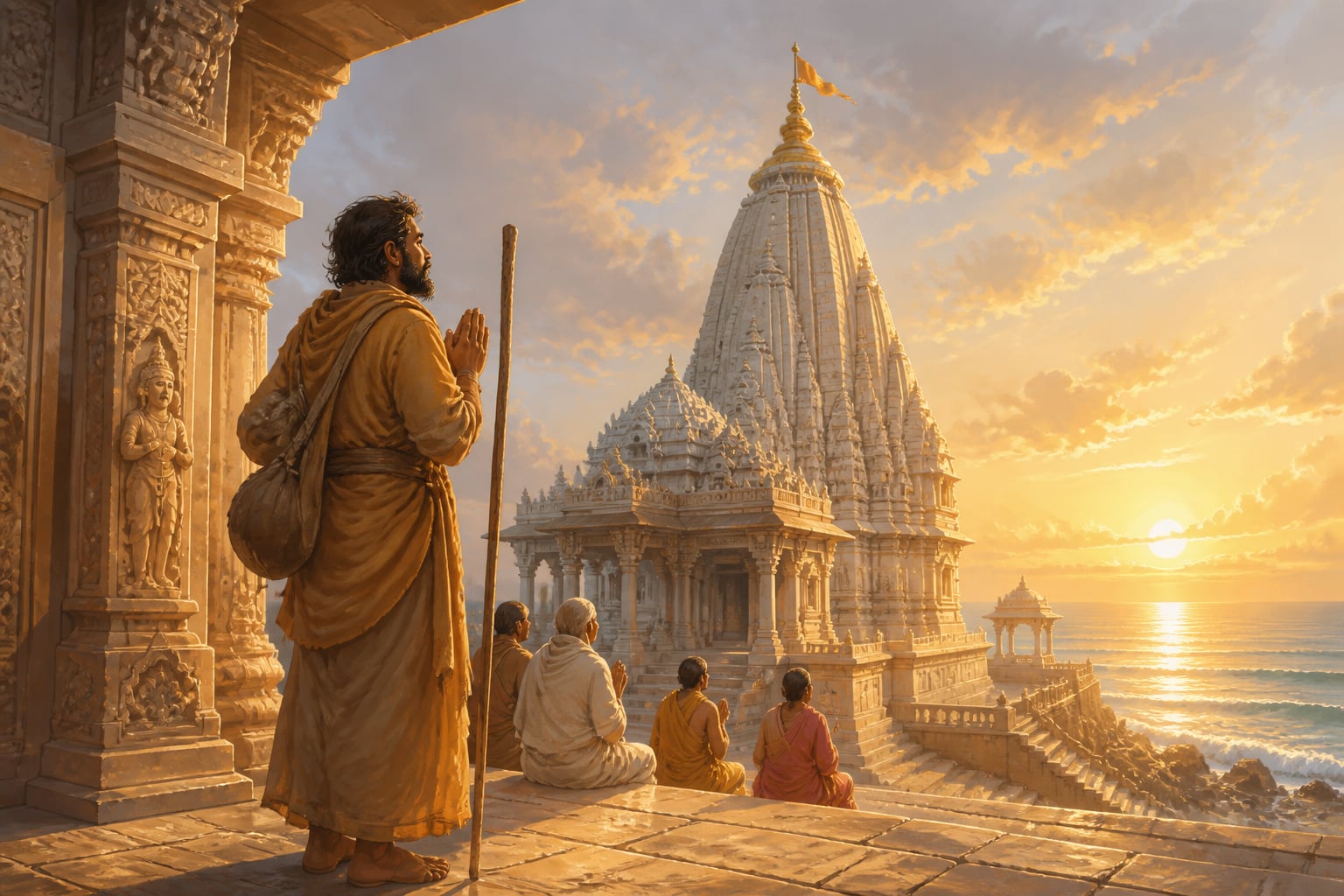 A pilgrim arriving at Somnath temple at dawn