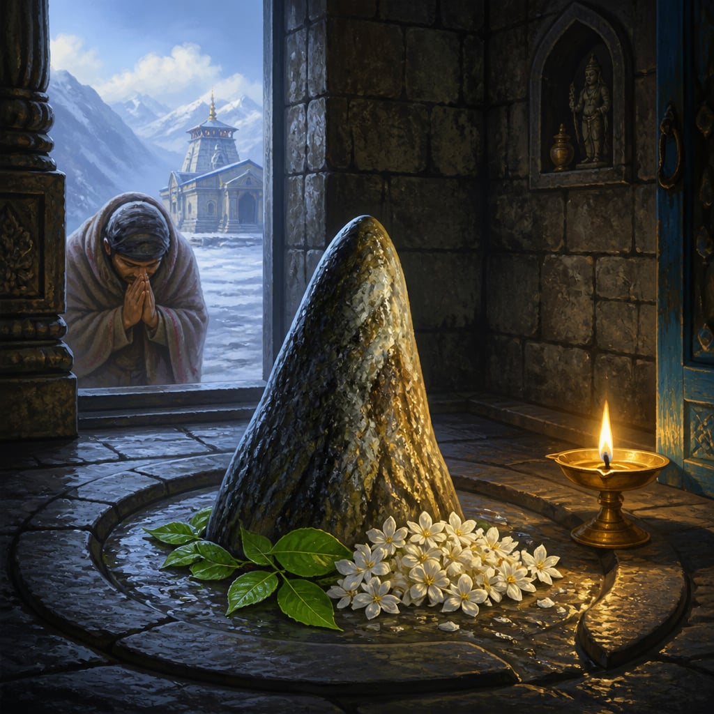 The swayambhu rock linga inside the Kedarnath sanctum