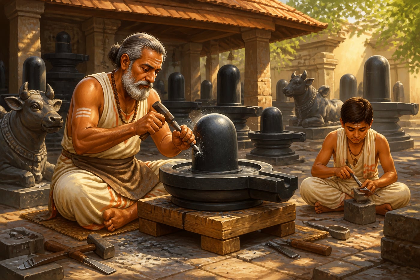 Sculptor carving a manushya Shiva linga