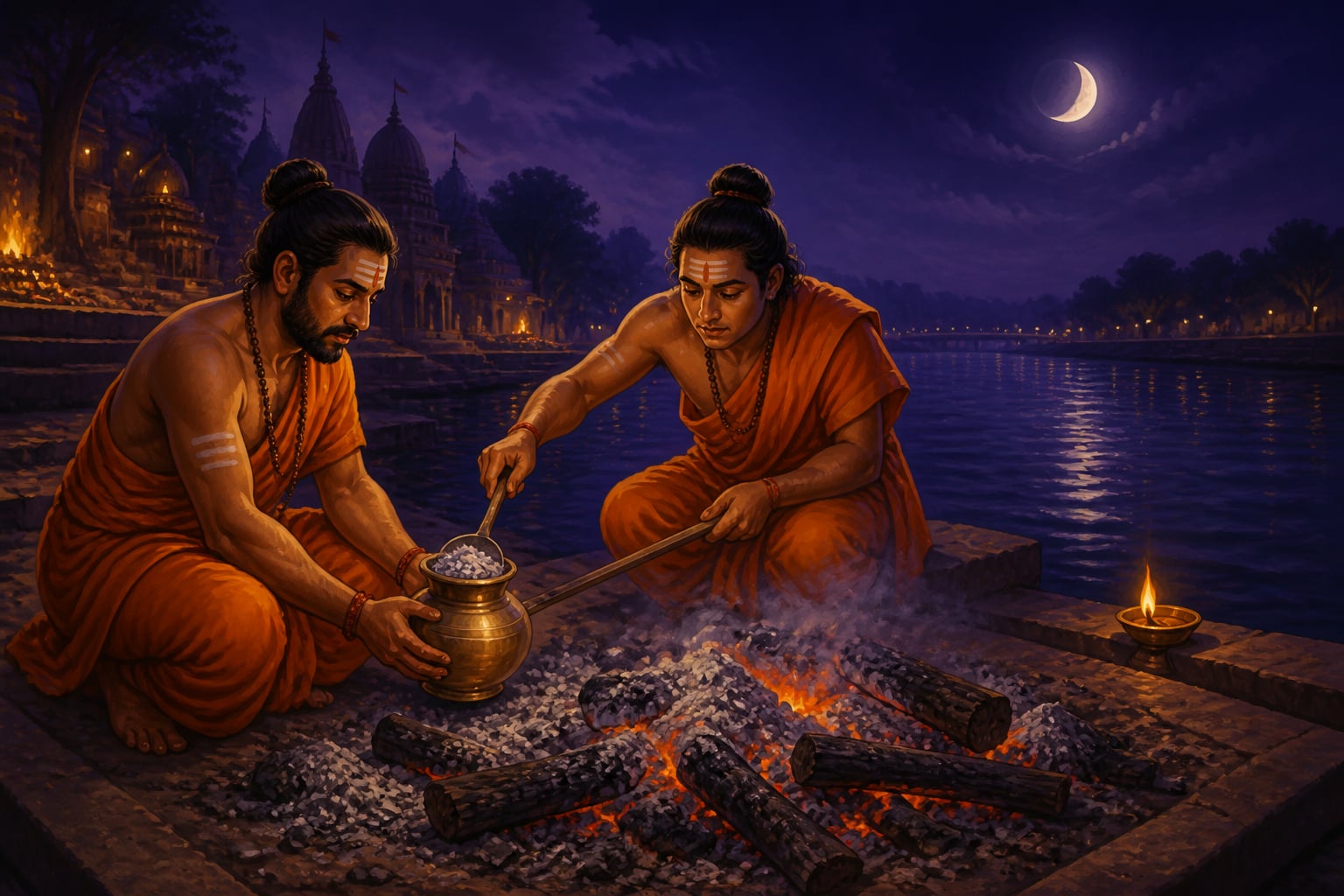 Attendants gathering ashes at midnight pyre