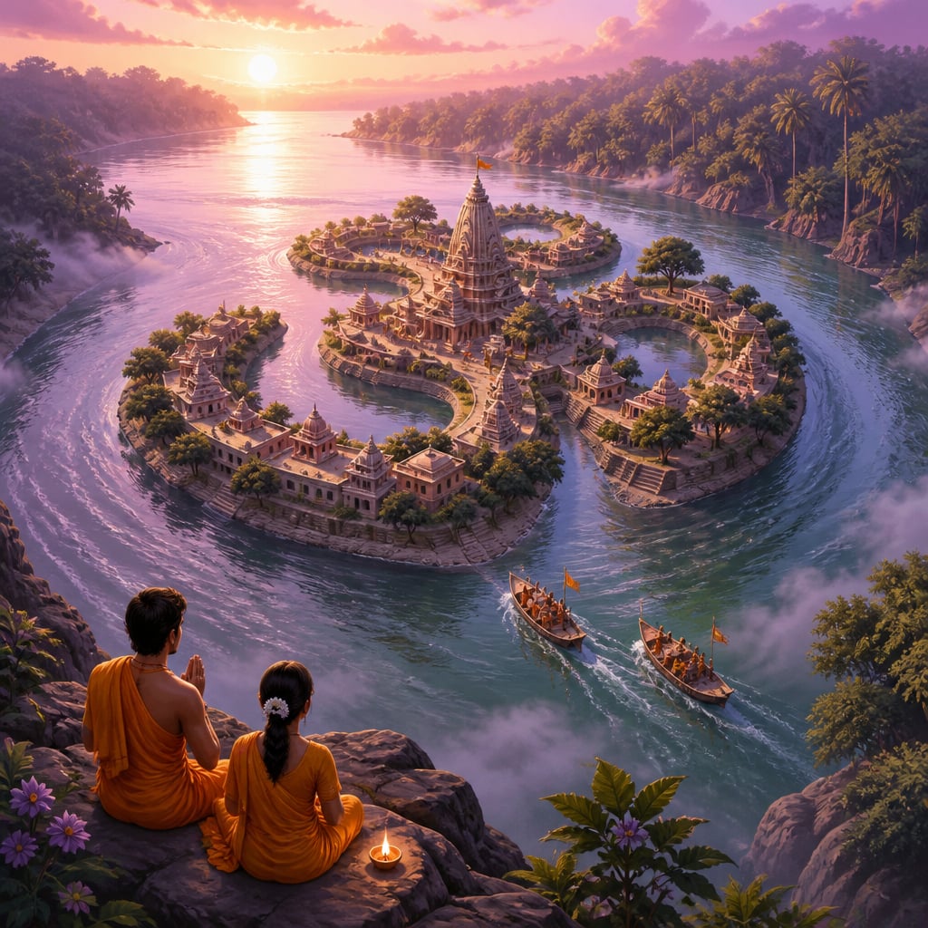 Mandhata island shaped like Om at dawn
