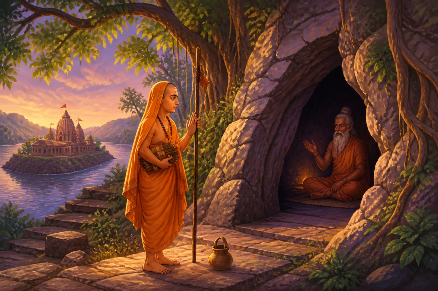 Shankara meeting Govindapada at the cave