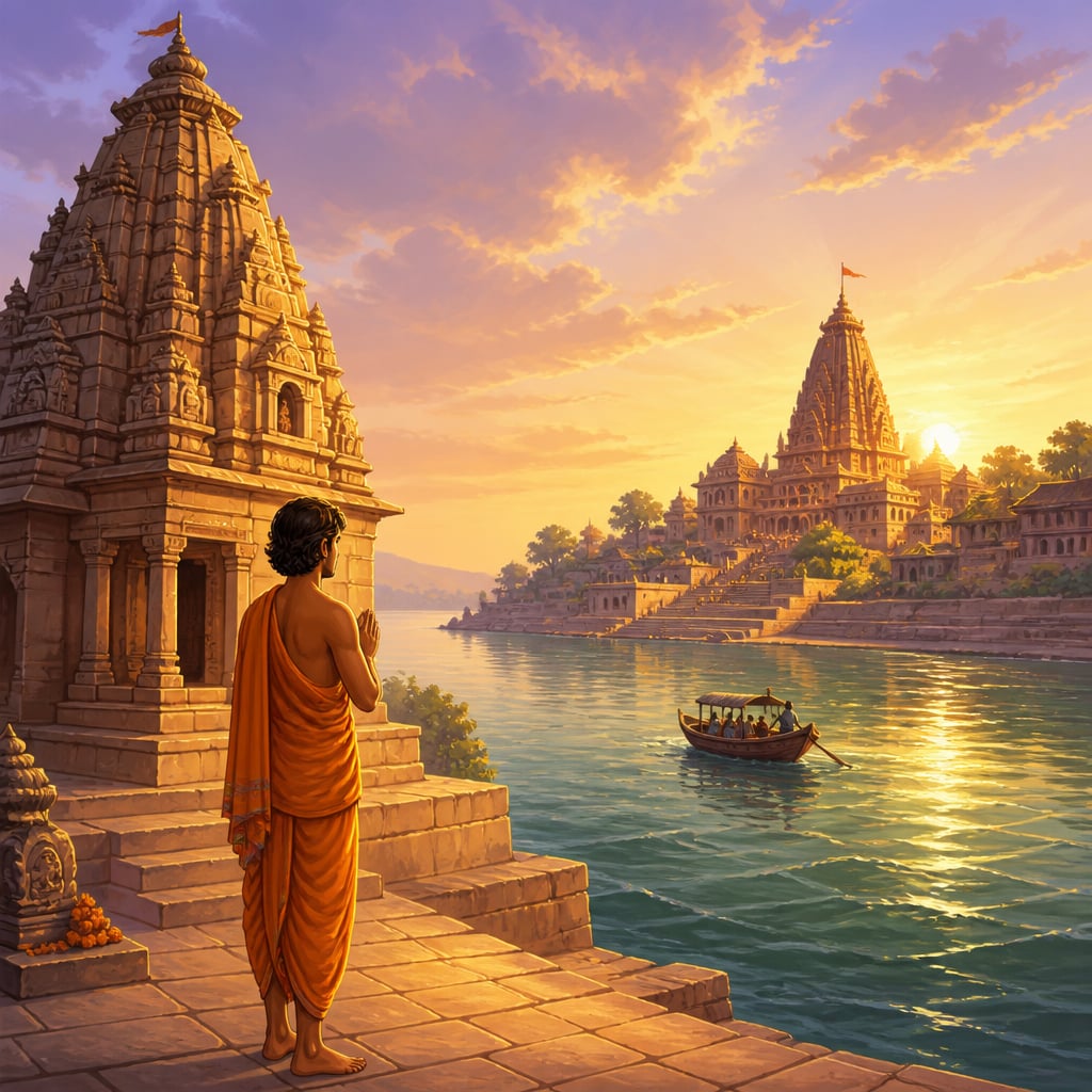 Pilgrim on the ghat facing two temples across the Narmada