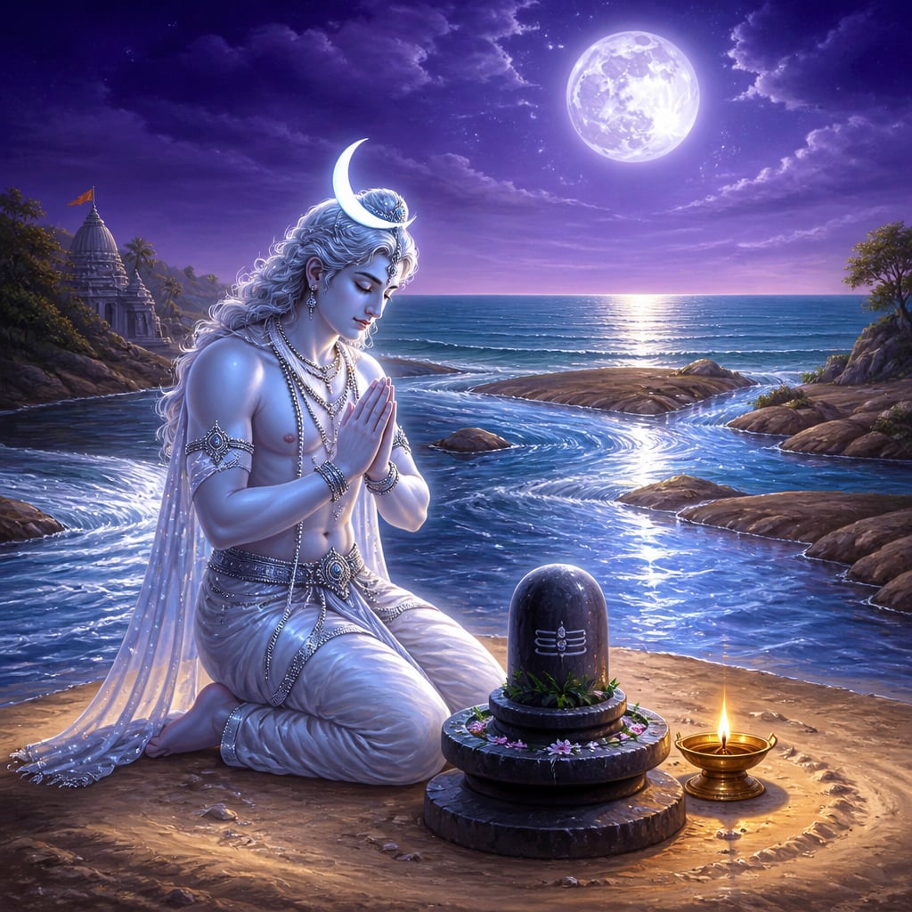 Chandra in silver-blue form at Triveni Sangam performing penance before a small stone linga
