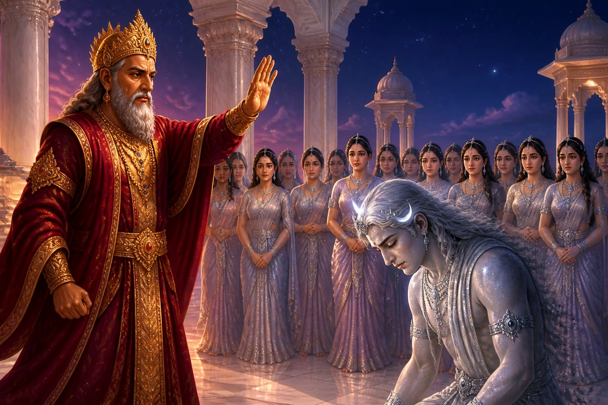Daksha cursing Chandra in celestial palace courtyard