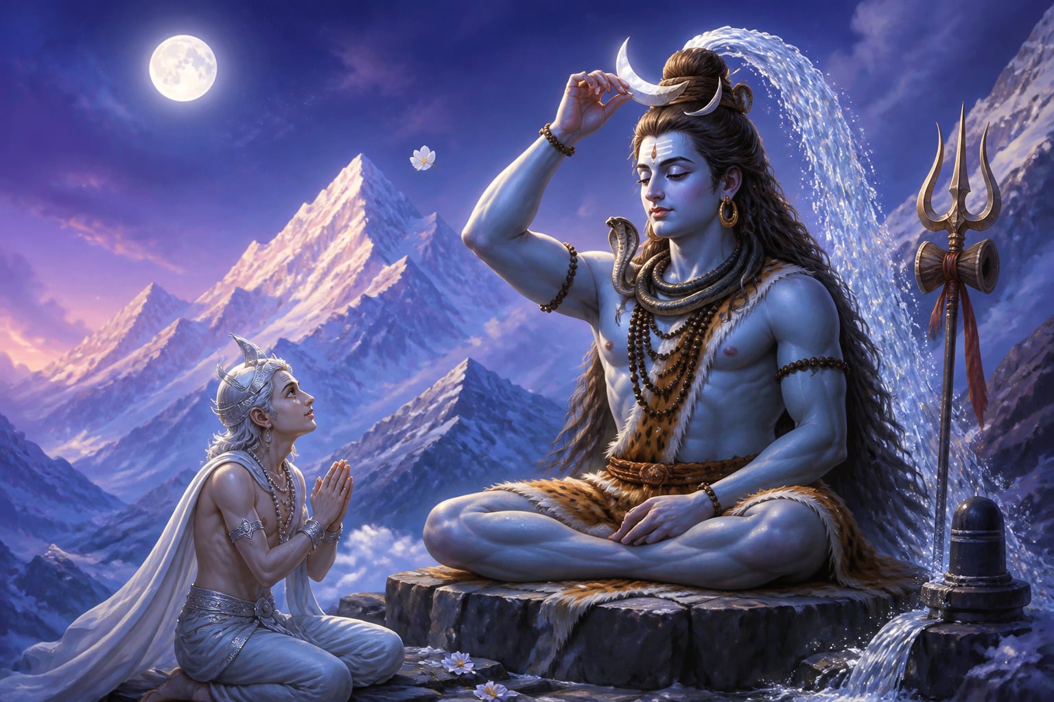 Shiva placing crescent moon on his matted hair