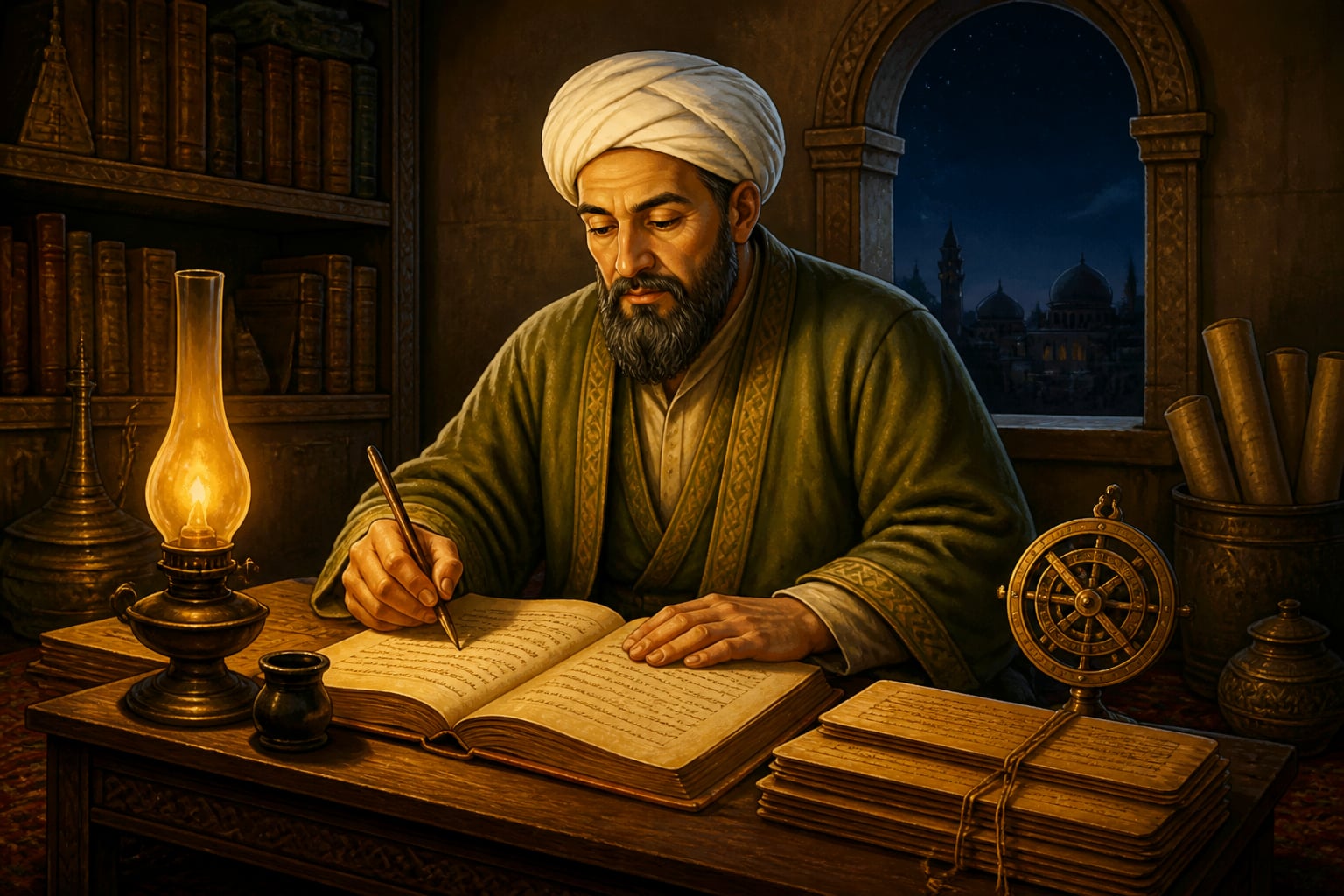 Al-Biruni composing Kitab al-Hind by lamplight
