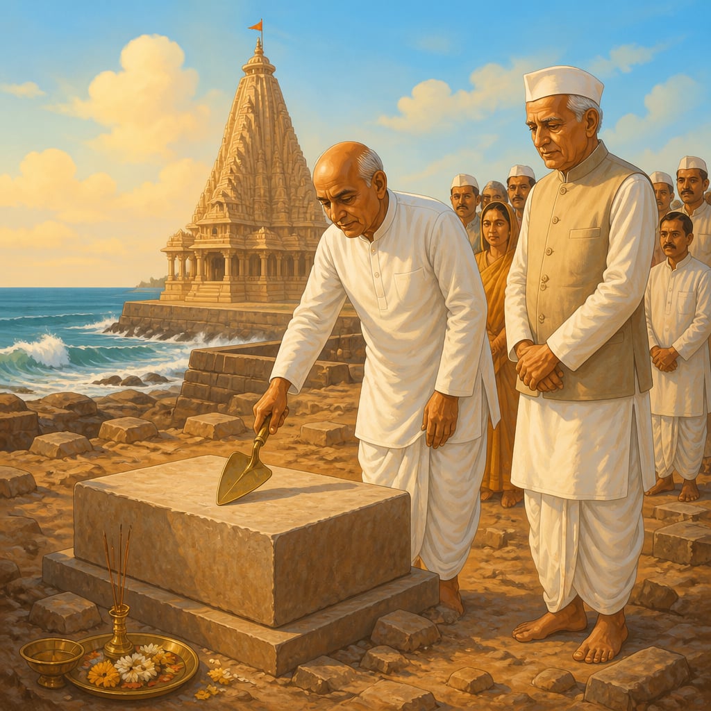 Sardar Patel in white khadi laying the Somnath foundation stone in November 1947