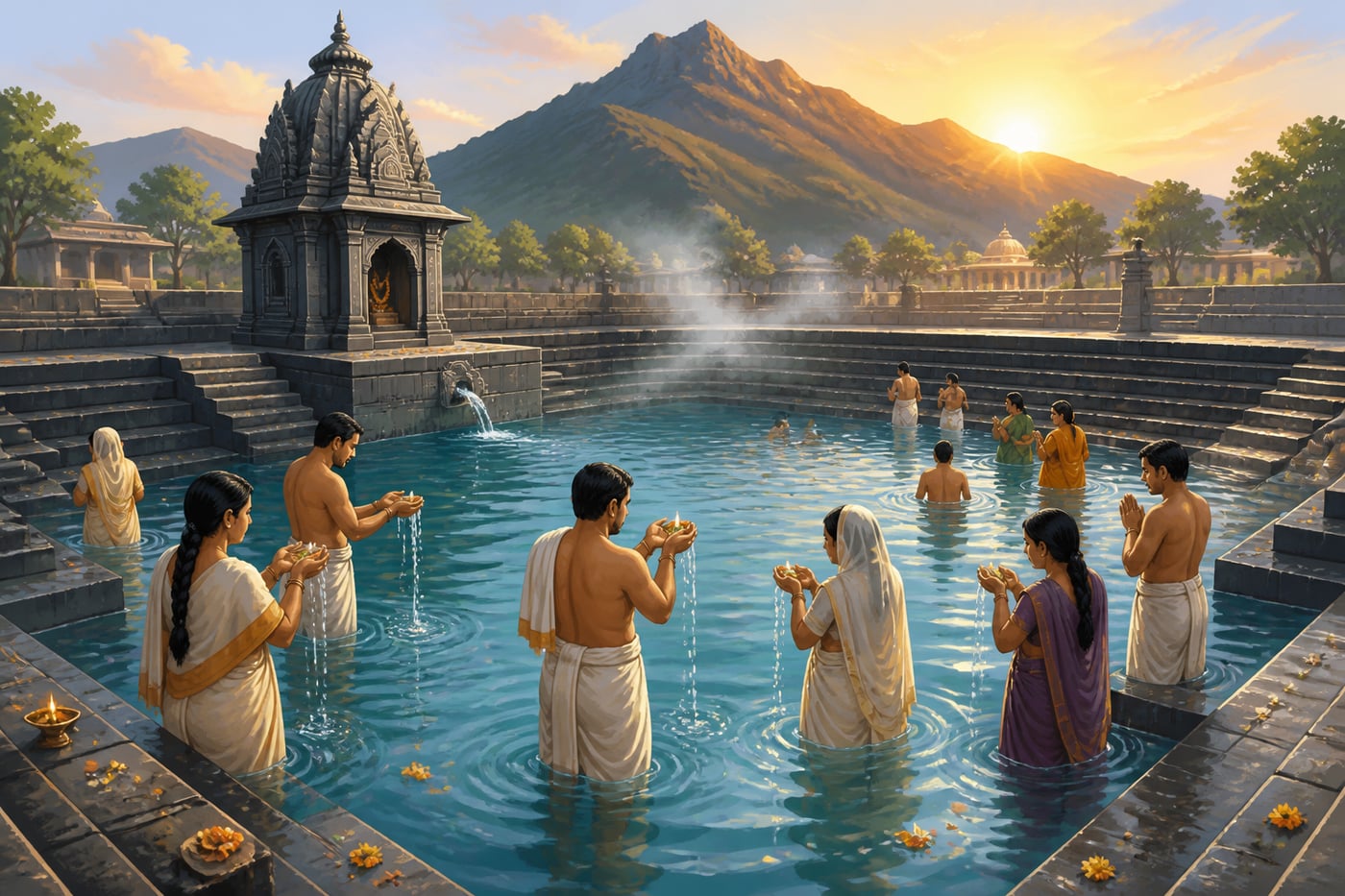 Pilgrims bathing in Kushavarta Kund at dawn