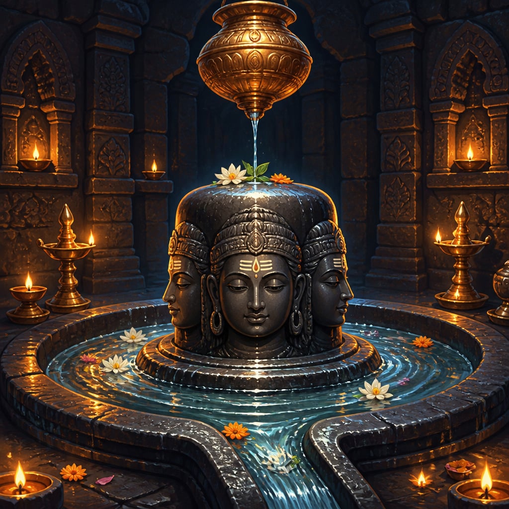 Three-faced Trimbakeshwar linga in lamplit sanctum with continuous Godavari water flowing over it