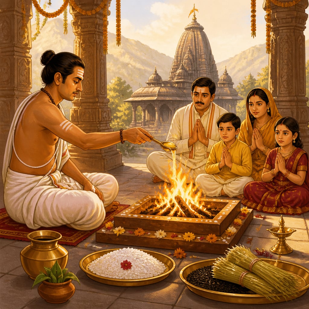 Trimbakeshwar priest performing Narayan Nagbali ritual fire with patron family seated across