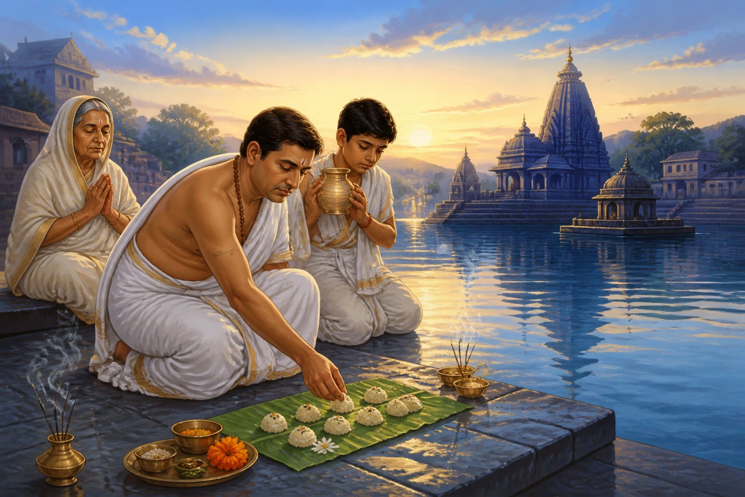 Family performing pinda daan at Kushavarta during Pitru Paksha