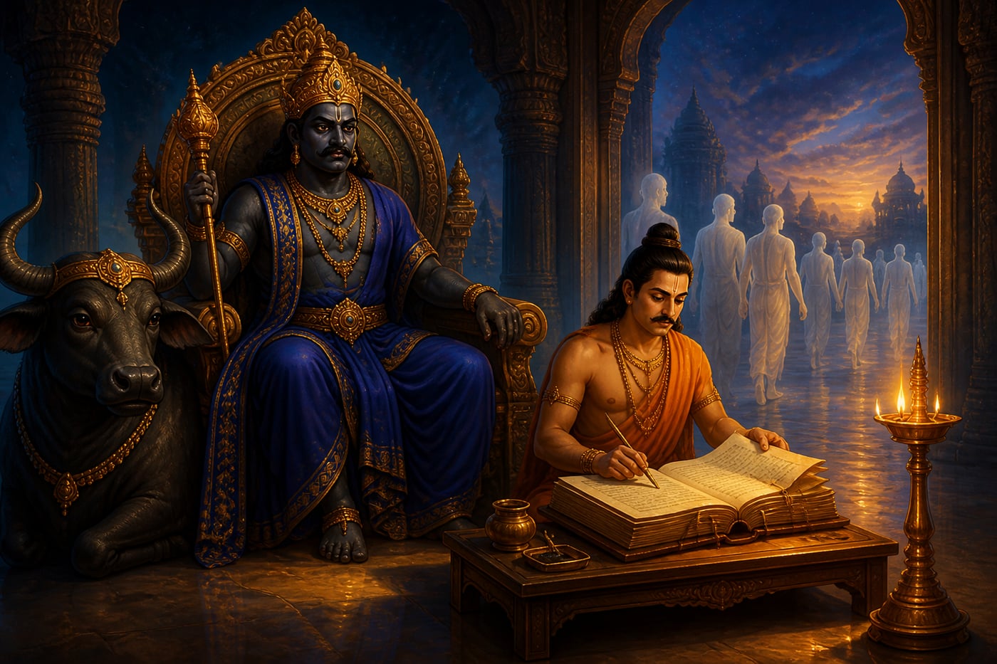 Yama and Chitragupta with karma ledger in Pitru Loka