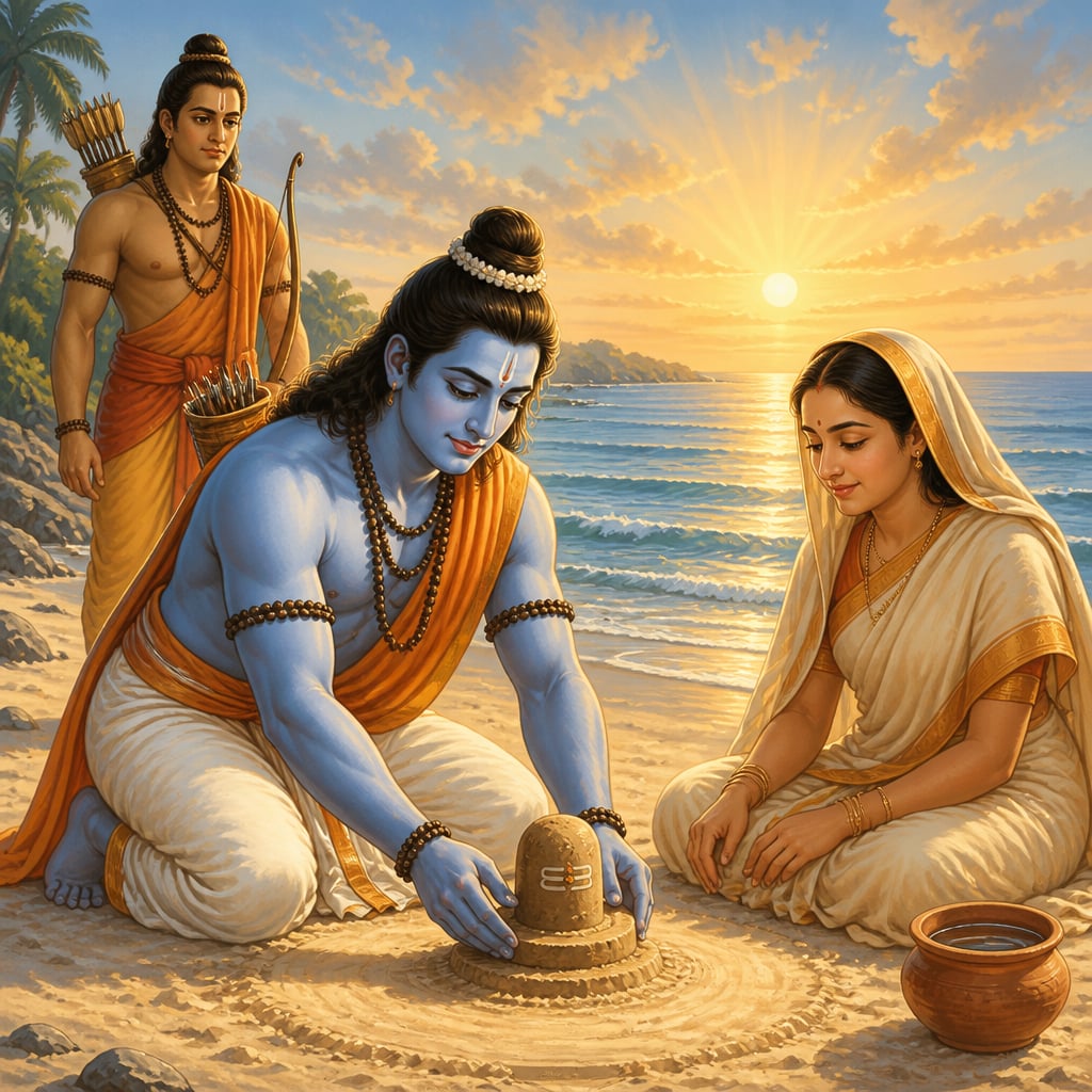 Rama on the sandy Rameshwaram shore at dawn placing the Ramalingam shaped by Sita